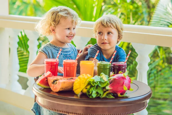 Bambini Bevono Frullati Sani Colorati Melone Papaia Mango Spinaci Frullati — Foto Stock