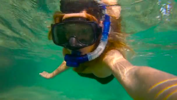 Slowmotion tiro de uma jovem mulher snorkeling em um mar — Vídeo de Stock