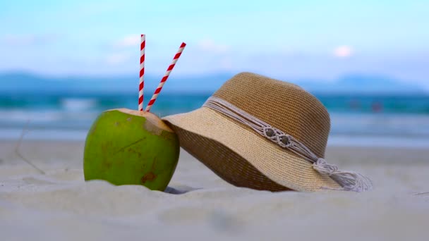 Απόσπασμα από μια όμορφη παραλία με λευκή άμμο - νεαρής καρύδας με δύο σωλήνες ποτίσματος και ένα καπέλο γυναίκα μπροστά από μια θάλασσα-Ωκεανός — Αρχείο Βίντεο