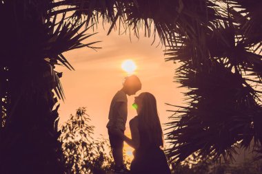 Anne ve oğlu, tropikal palmiye ağaçları zemin karşı günbatımı karşılamak siluetleri.