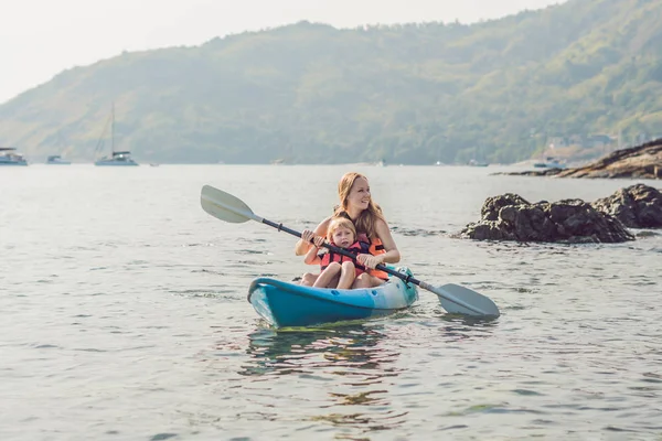 Mother Son Kayaking Tropical Ocean Travel Activities Children Concept — Stock Photo, Image