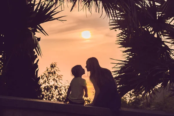 母と息子 ヤシの木の背景に熱帯の夕日を満たす人のシルエット — ストック写真