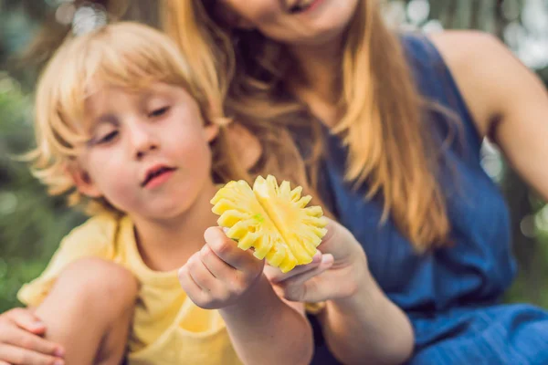 Mom Son Having Picnic Park Eat Healthy Fruits Mango Pineapple — Stock Photo, Image