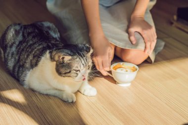 Kahve içme ve kedi okşayarak genç kadın.