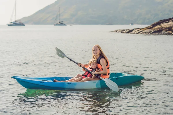 Mother Son Kayaking Tropical Ocean Travel Activities Children Concept — Stock Photo, Image