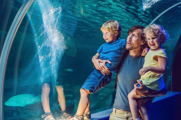Família feliz olhando para peixes em um aquário túnel — Fotografia de Stock