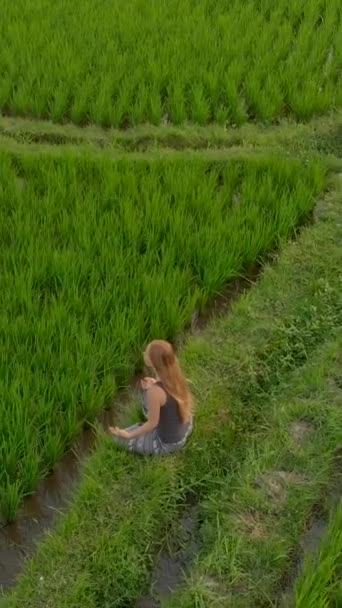 Вертикальное видео. Снимок женщины, медитирующей на чудесном рисовом поле во время восхода и захода солнца — стоковое видео