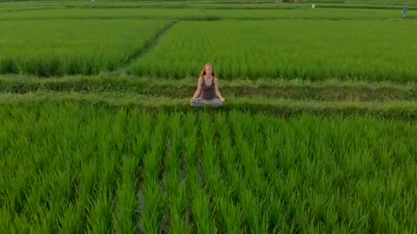 日出日落时，一个女人在一片神奇的稻田里沉思时的空中拍摄 — 图库视频影像