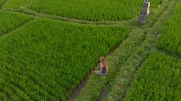 Foto aérea de una mujer meditando en un maravilloso campo de arroz durante el amanecer-atardecer — Vídeos de Stock
