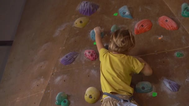 UBUD, INDONESIA - 4.08.2019: La toma en cámara lenta de un niño pequeño está escalando la pared en un gimnasio de escalada de rocas — Vídeo de stock