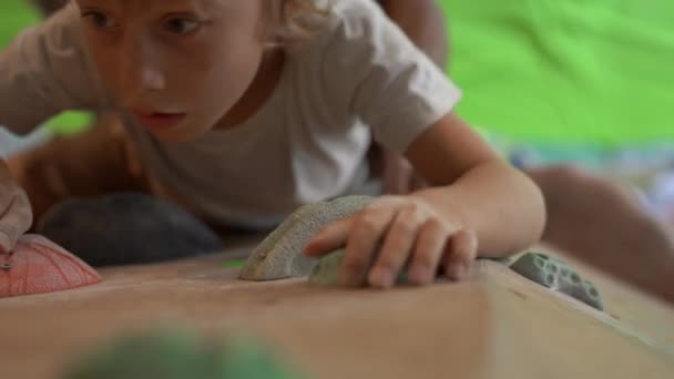 A little boy is climbing the wall in a bouldering climbing gym — Stockvideo