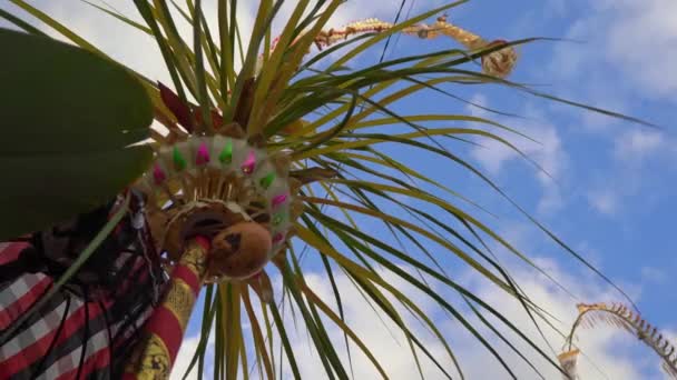 Galunganの休日を祝うためにバリニーズの家への入り口で作られた装飾品のSteadicamショット。バリの文化的生活 — ストック動画
