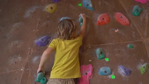 UBUD, INDONESIA - 4.08.2019: Un niño está escalando la pared en un gimnasio de escalada de rocas — Vídeos de Stock