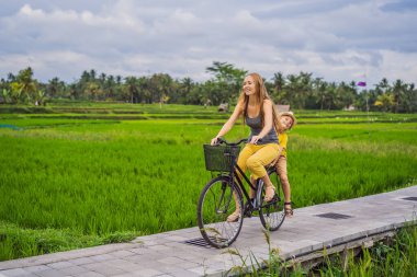 Anne ve oğlu Ubud, Bali 'de pirinç tarlasında bisiklet sürüyor. Çocuk konseptiyle Bali 'ye seyahat