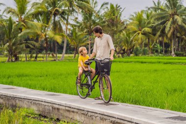 Baba oğul Ubud, Bali 'de pirinç tarlasında bisiklet sürüyorlar. Çocuk konseptiyle Bali 'ye seyahat
