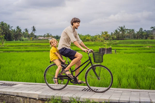 父と息子はバリ島のウブドの田んぼで自転車に乗っています。バリへの旅行子供のコンセプト — ストック写真