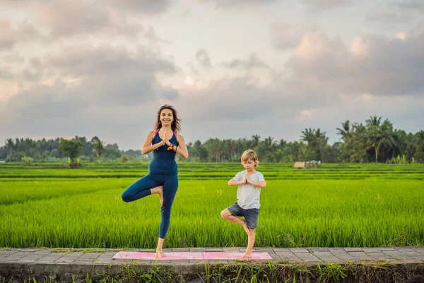 Boy and his yoga teacher doing yoga in a rice field