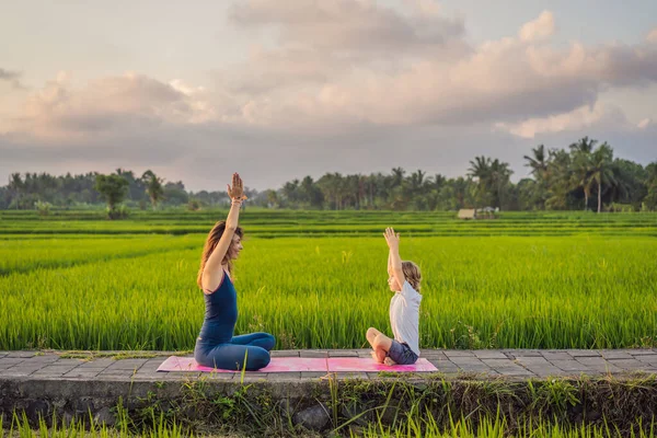 Boy and his yoga teacher doing yoga in a rice field
