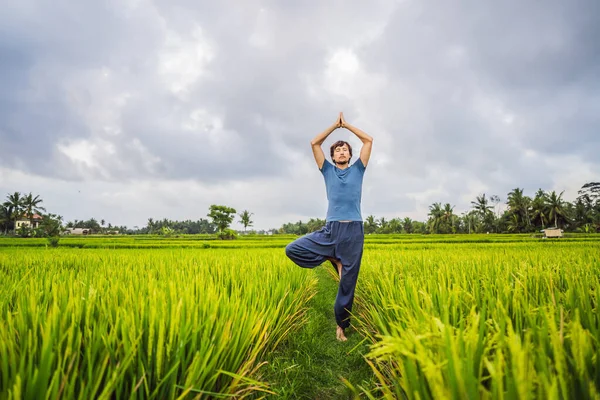 Человек, занимающийся йогой на рисовом поле — стоковое фото