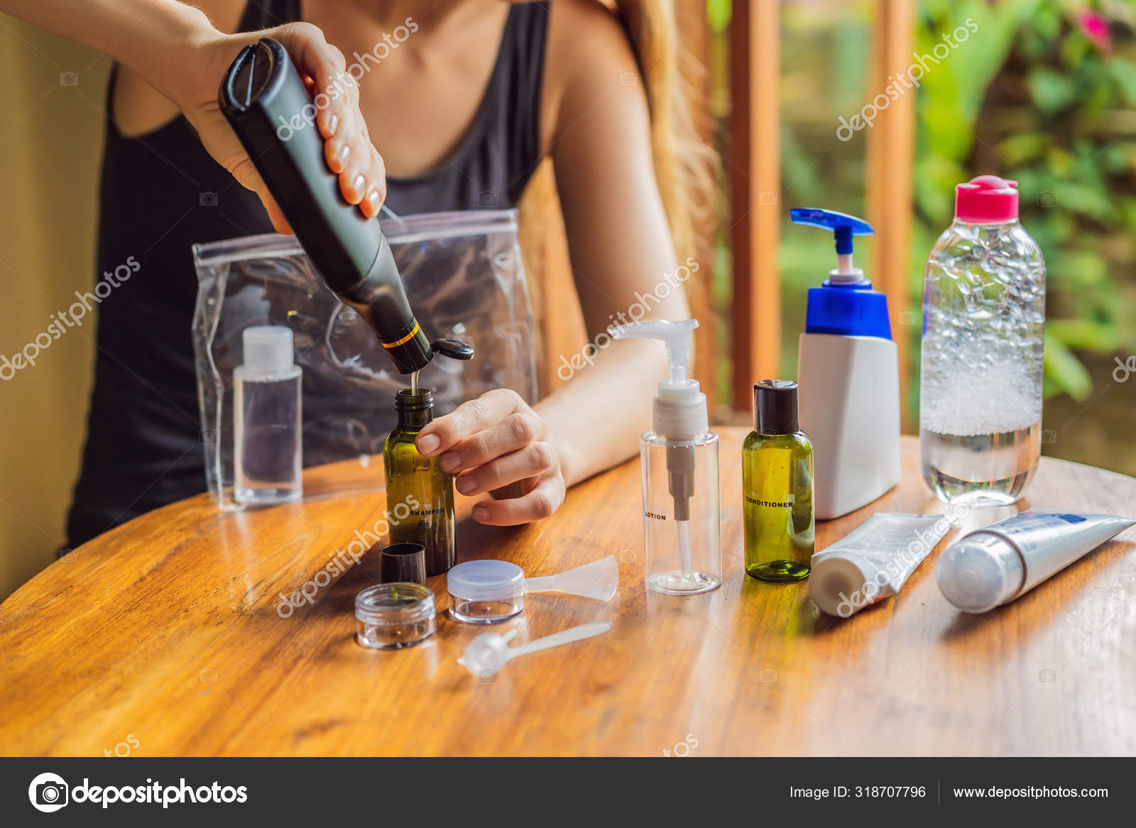 Travel kit for transporting cosmetics on an airplane. Cosmetics are