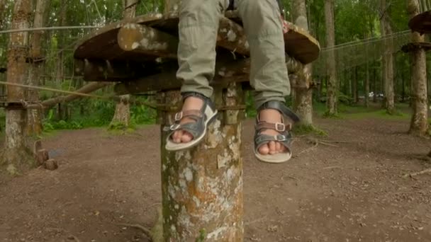 Câmera de ação tiro de um menino em um arnês de segurança sobe em uma rota em copas de árvores em um parque de aventura florestal. Ele sobe em alta corda trilha. Centro de diversões ao ar livre com atividades de escalada — Vídeo de Stock