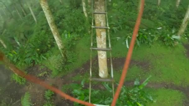 Punto de vista plano de un hombre en un arnés de seguridad que sube a una ruta en las copas de los árboles en un parque de aventura forestal. Se sube a un sendero de cuerda alta. Centro de diversiones al aire libre con actividades de escalada — Vídeos de Stock