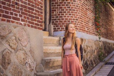 Bukchon Hanok Köyü 'ndeki genç kadın turist Kore' deki geleneksel evlerin korunduğu en ünlü yerlerden biri. Kore Seyahat Konsepti