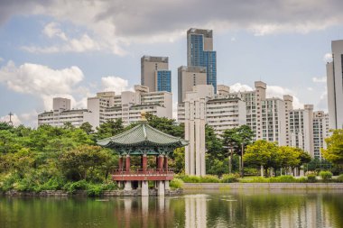 Yazlık parklarda, balıkçı göletinin yanındaki ahşap kore çardağı. Rahatla ve gevşe. Dağ, beyaz renkler ve mavi gökyüzü arkaplanı