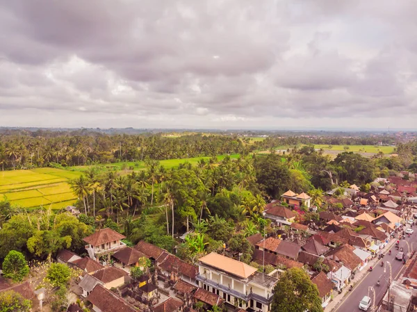 Mange villaer med brun-orange rullesten tage mellem tropiske træer på himlen baggrund i Ubud på Bali. Solen skinner på dem. Luftvandret foto - Stock-foto