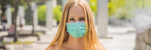 women wearing facial hygienic mask for Safety outdoor. People in masks because of fine dust. Problems found in major cities around the world. air pollution,Environmental awareness concept BANNER, LONG