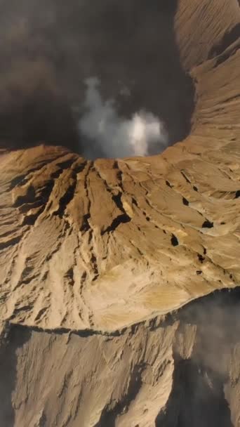 Vertikales Video. Luftaufnahme des Kraters des berühmten aktiven Bromo-Vulkans oder Mount Gunung Bromo in der Tengger Caldera auf der Java-Insel — Stockvideo