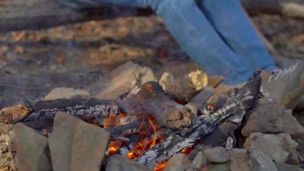 Un joven sentado junto a una hoguera en un frío bosque otoñal. Concepto de vacaciones de otoño — Vídeo de stock