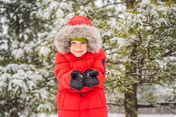 Happy boy plays with snow. Cute kid throwing snow in a winter park. Happy winter holidays. Winter fashion