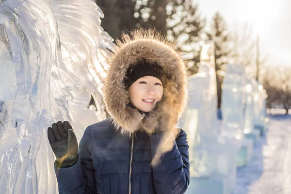 Krásná usmívající se mladá žena mezi ledem v zimě venku. Zimní koncept — Stock fotografie
