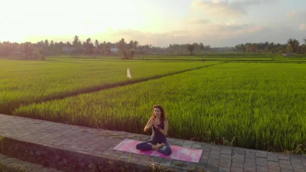 Повітряний постріл молодої жінки, яка під час заходу сонця практикує йогу на великому полі з прекрасним рисом. Подорож до Азії. — стокове відео