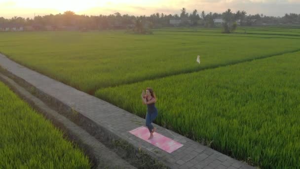 Foto aérea de una joven practicando yoga en un hermoso campo de arroz durante el atardecer. Viajes a Asia concepto . — Vídeo de stock