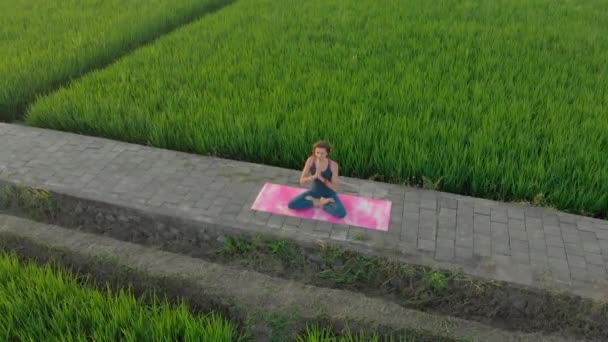 Luchtfoto van een jonge vrouw die yoga beoefent op een groot mooi rijstveld bij zonsondergang. Reizen naar Azië concept. — Stockvideo