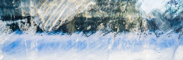 Blue ice surface with scratches. Abstract background of ice structure BANNER, LONG FORMAT — Stock Photo, Image