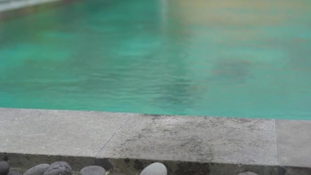 A glass with national balinese drink and its ingreedients - turmeric, jinjer and limes standing on the side of a swimming pool — 비디오