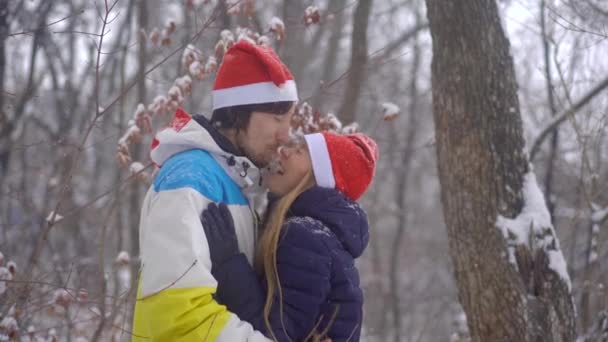 幸せな若いですカップルで赤い帽子笑ってキス立って雪の下で — ストック動画