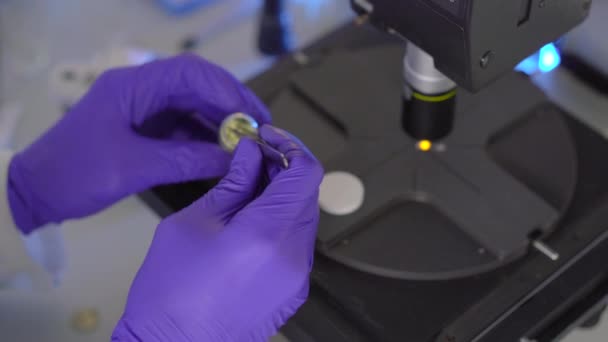 Scientist in a laboratory uses a microscope. He investigates drugs or powders — Stock Video