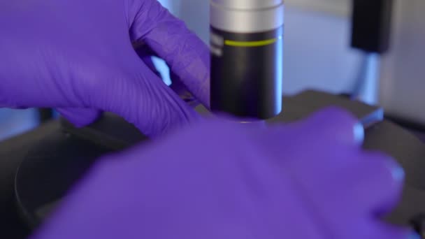 Wissenschaftler in einem Labor benutzt ein Mikroskop. Er untersucht Drogen oder Pulver — Stockvideo