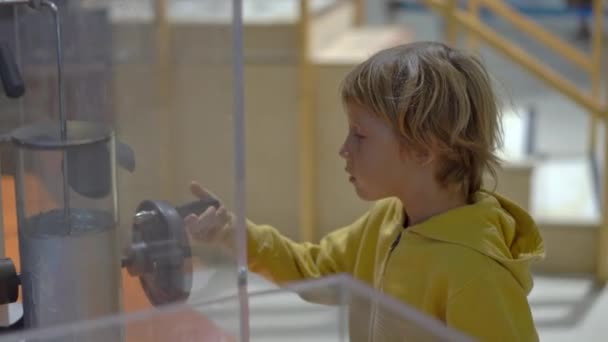 Kleiner Junge besucht ein naturwissenschaftliches Museum. Konzept Hausaufgabenbetreuung — Stockvideo