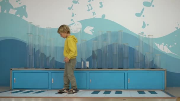 A kisfiú egy tudományos múzeumba látogat. Otthoni tanulás koncepciója — Stock videók