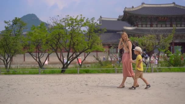 La joven y su pequeño hijo visitan el antiguo palacio en Seúl, Corea del Sur. Viajar al concepto de Corea. Disparo en cámara lenta — Vídeo de stock