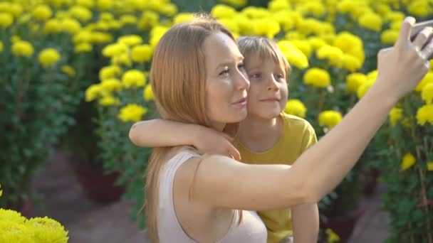 Una joven mujer y su hijo hacen una selfie de pie entre muchas flores amarillas que los asiáticos del este cultivan para celebrar un año nuevo lunar. Viajes a Asia concepto — Vídeos de Stock