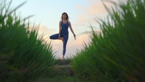 Uma jovem tem um treinamento de ioga em um belo campo de arroz. Viagem para a Ásia conceito — Vídeo de Stock