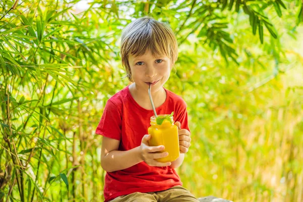 Chico bebiendo jugoso batido de mango en tarro de cristal de albañil. Concepto de vida saludable, espacio de copia — Foto de Stock