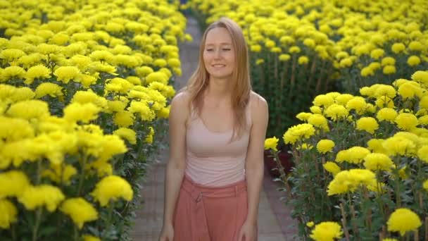 A young woman walking among lots of yellow flowers that East Asian people grow to celebrate a lunar new year. Travel to Asia concept. Slowmotion video — Stock Video