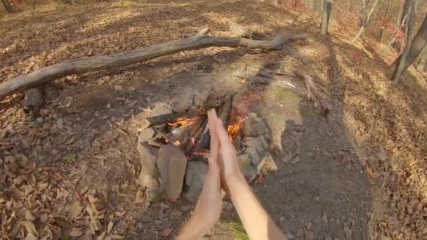 Punto di vista ripresa di un uomo seduto accanto a un falò in una foresta autunnale. Colpo di rallentamento — Video Stock